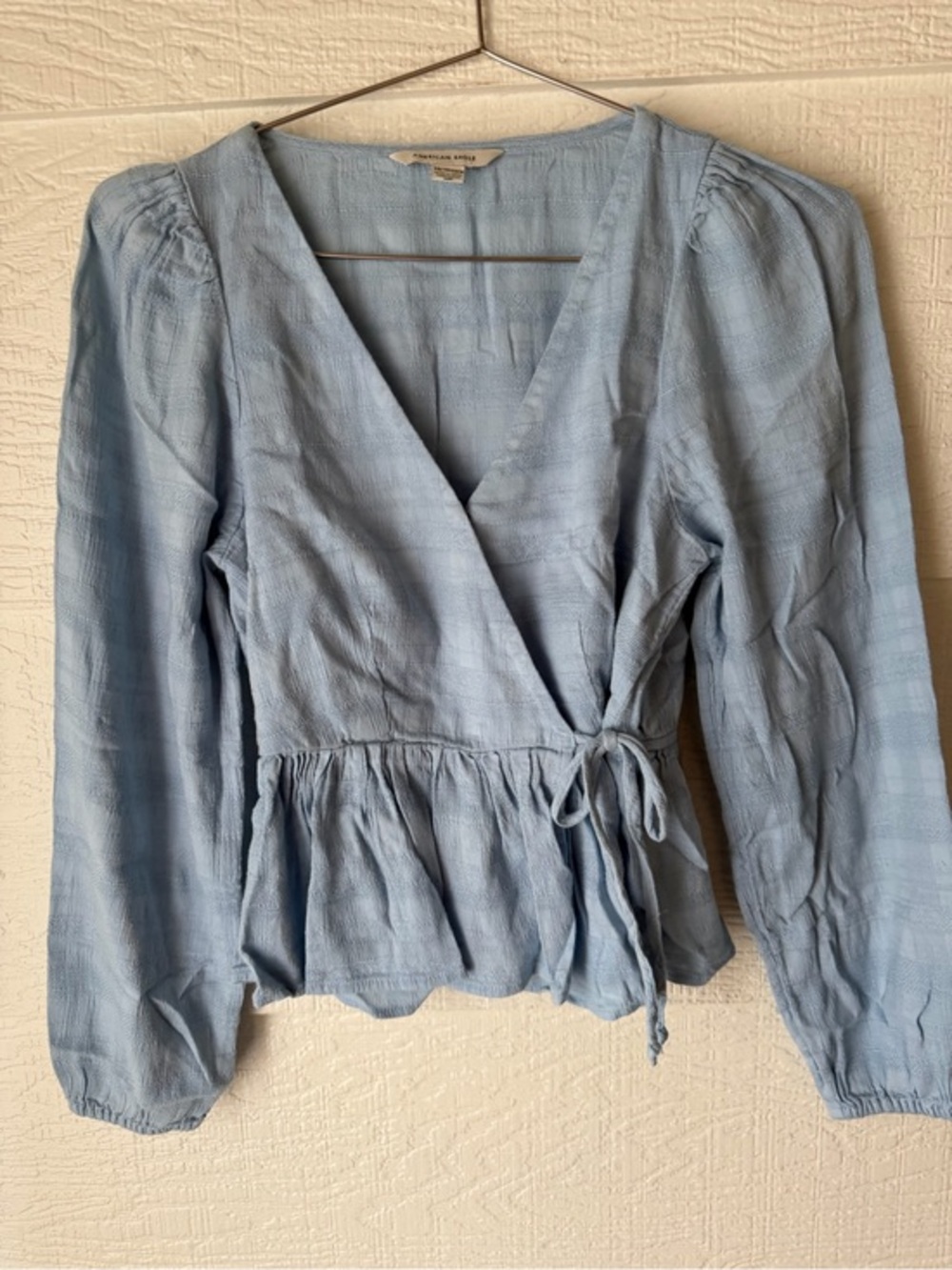American Eagle Blue Textured Wrap Peplum Blouse Long Sleeve XS